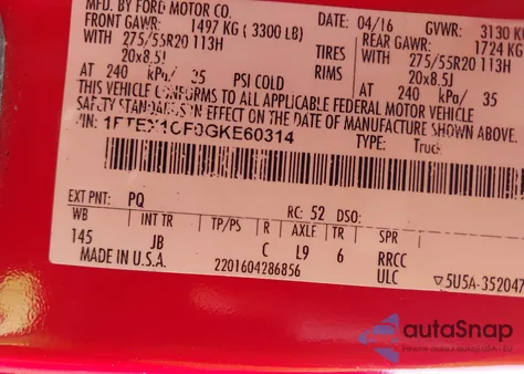 2016 Ford F-150 Xlt z USA, uszkodzony, nr VIN 1FTEX1CF0GKE60314